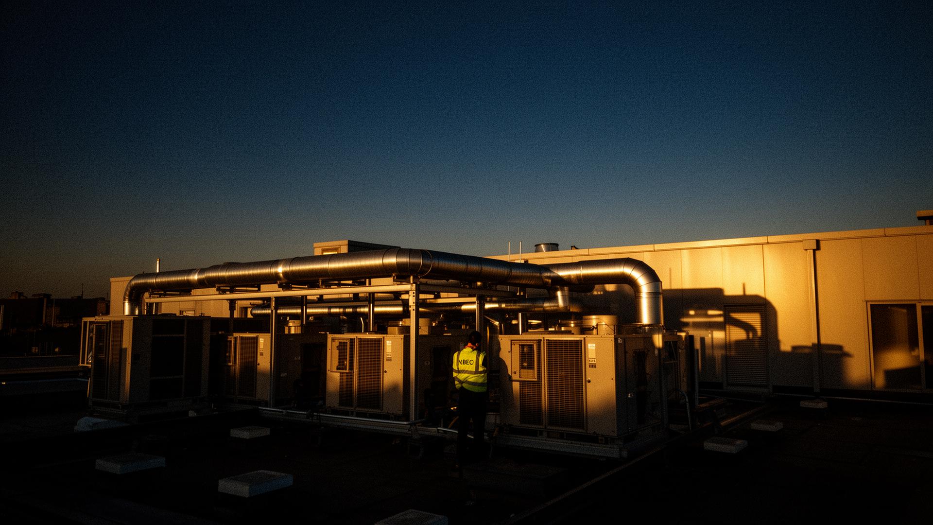UK commercial rooftop HVAC plant at golden hour with maintenance engineer